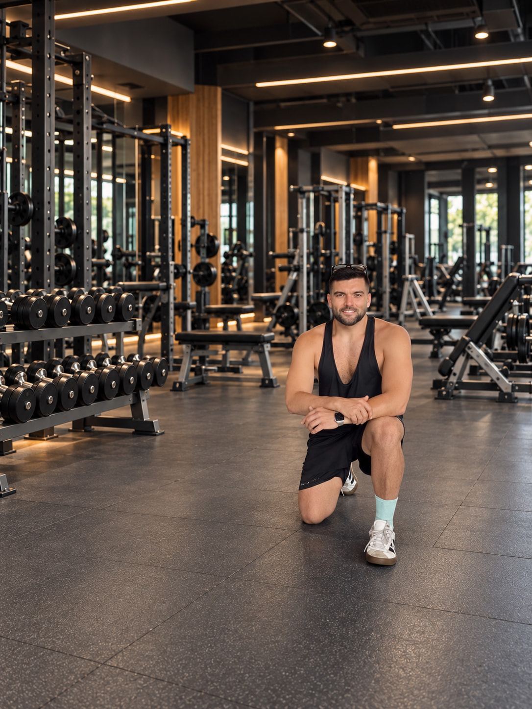Pablo kneeling on the gym floor between racks of dumbbells, smiling at the camera.